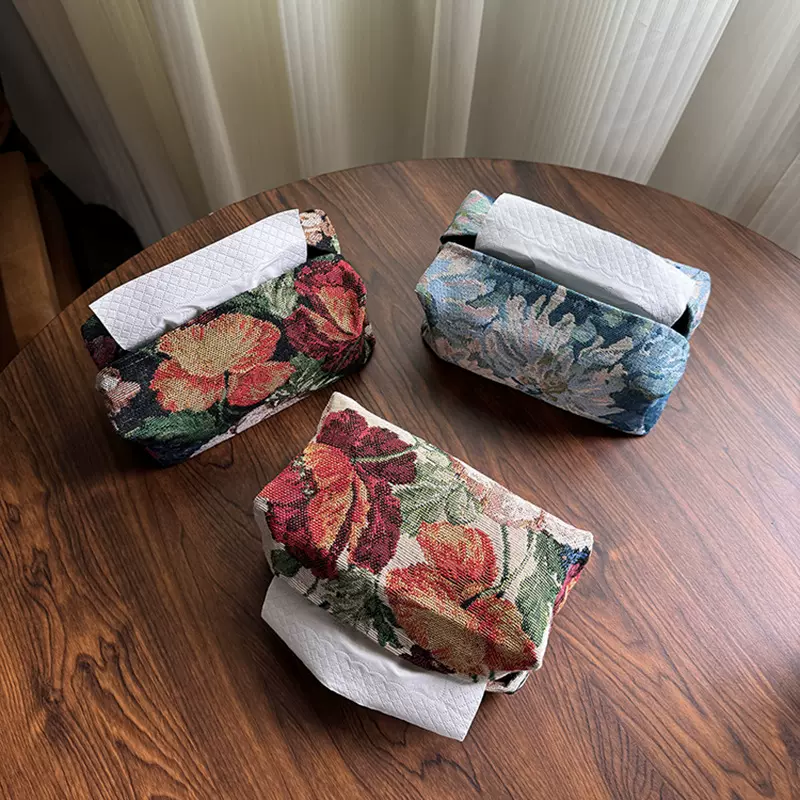 高级感花卉家用复古创意纸巾盒提花布艺纸巾袋车载收纳盒防尘袋