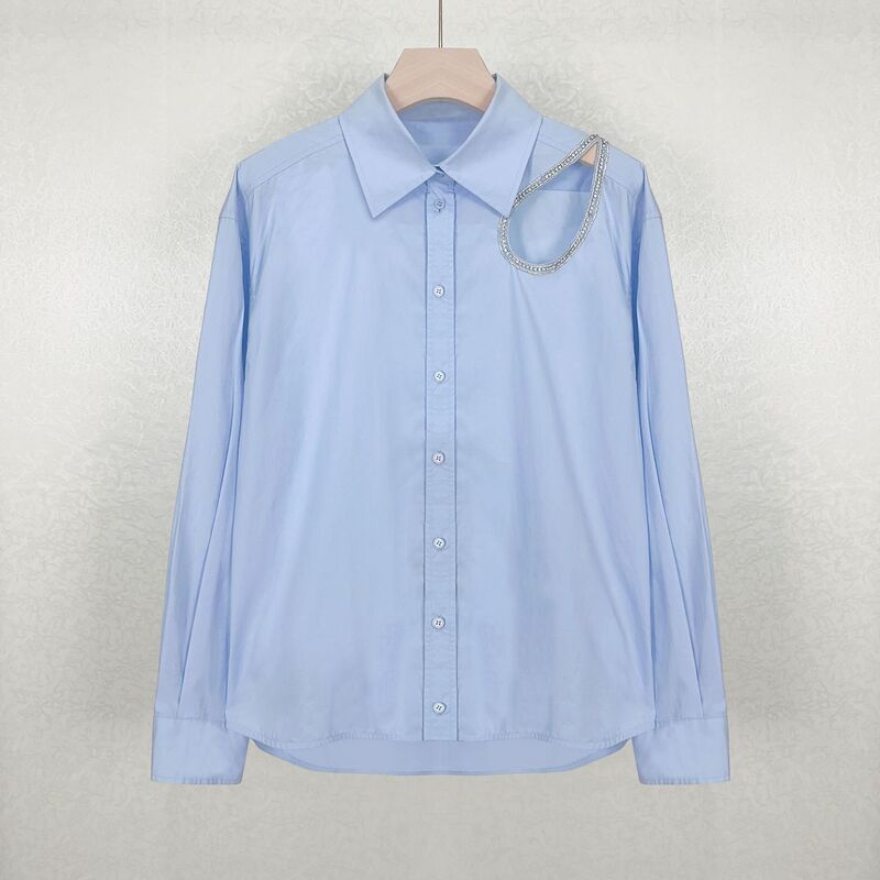 Women's Fashion Shoulder Hollow Water Drops Diamond Ornaments Casual light blue Loose Commuting Long Sleeve Autumn Shirt