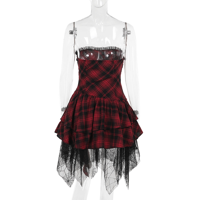 Summer Type Hip Socialite Elegant Sexy Red Plaid Tube Top Dress Women