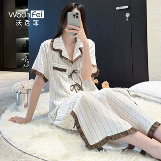 翻领条纹睡衣女夏季新款韩版甜美木耳边家居服设计感短袖薄款睡衣