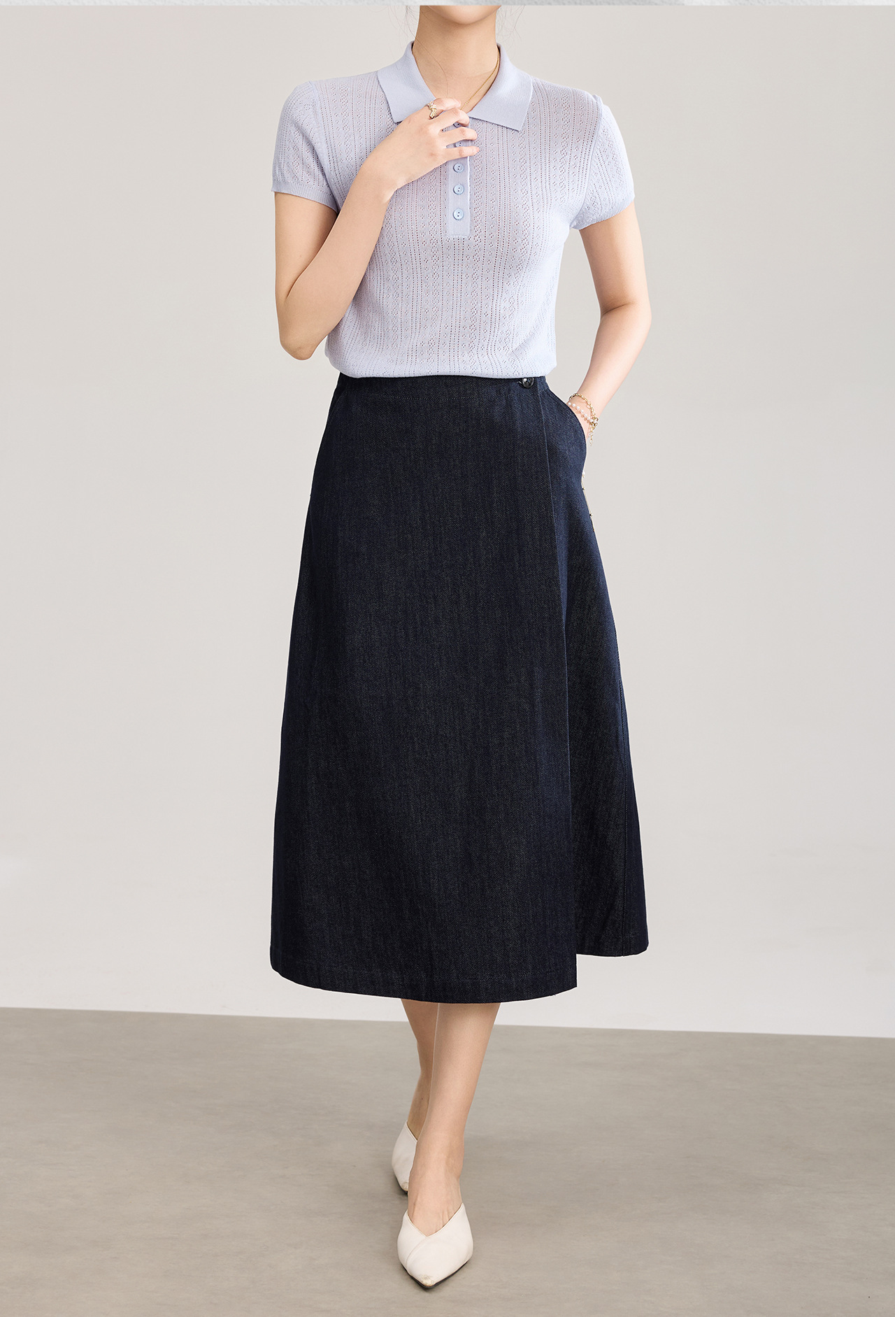 Chân váy jean nữ dáng suông một mảnh vải denim cotton thoáng khí — màu xanh đậm chi tiết 2