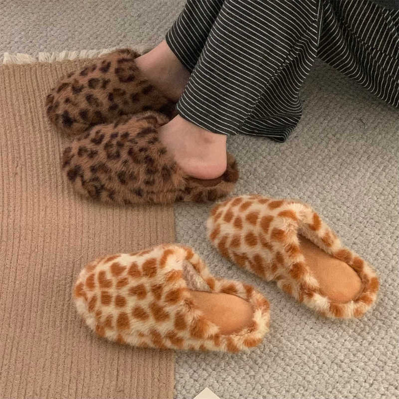 Animal Print Indoor Warm and Comfortable New Cotton Slippers Internet Celebrity Orange Cat Leopard Print Casual Women's Furry Slippers Winter