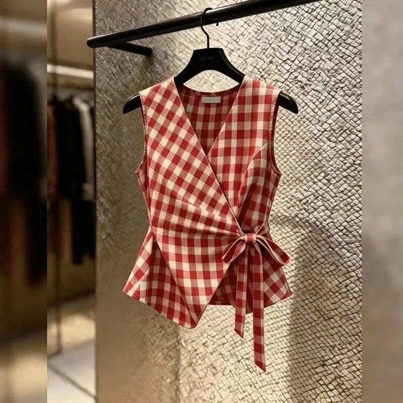 2026 Spring/Summer New Red Plaid Sleeveless Wrap-Style Shirt for Women, Commuting Style with Tie Design, Unique Top 2026 Spring/Summer New Red Plaid Sleeveless Wrap-Style Shirt for Women, Commuting Style with Tie Design, Unique Top