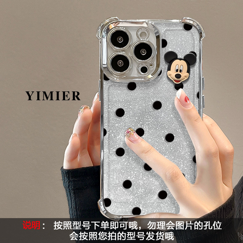 水玉ミッキー人形ストラップ Apple 16 かわいい電話ケース 13promax 電気メッキ落下防止 15 グリッター 14|undefined