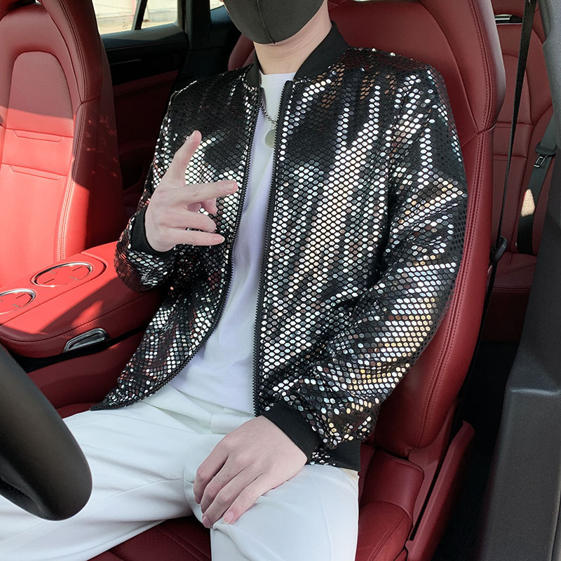 25 New Men's Personality Fashion Nightclub Trendy Men's Thin Jacket Youth Sequin Stand Collar Coat Spring Summer Men's Wear