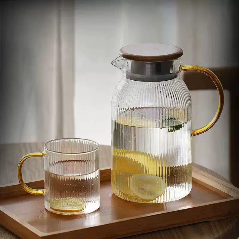 Скандинавский стиль, вертикальный узор, прозрачное стекло, чайник для холодной воды, большая емкость, бамбуковая стальная крышка, чайник для сока, чайник для холодной воды