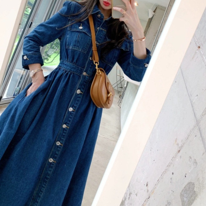 (2개) 한국 스타일의 우아한 긴 소매 데님 원피스 여성의 2024 가을 새로운 허리 긴 원피스 느슨한 슬리밍 A 라인 스커트