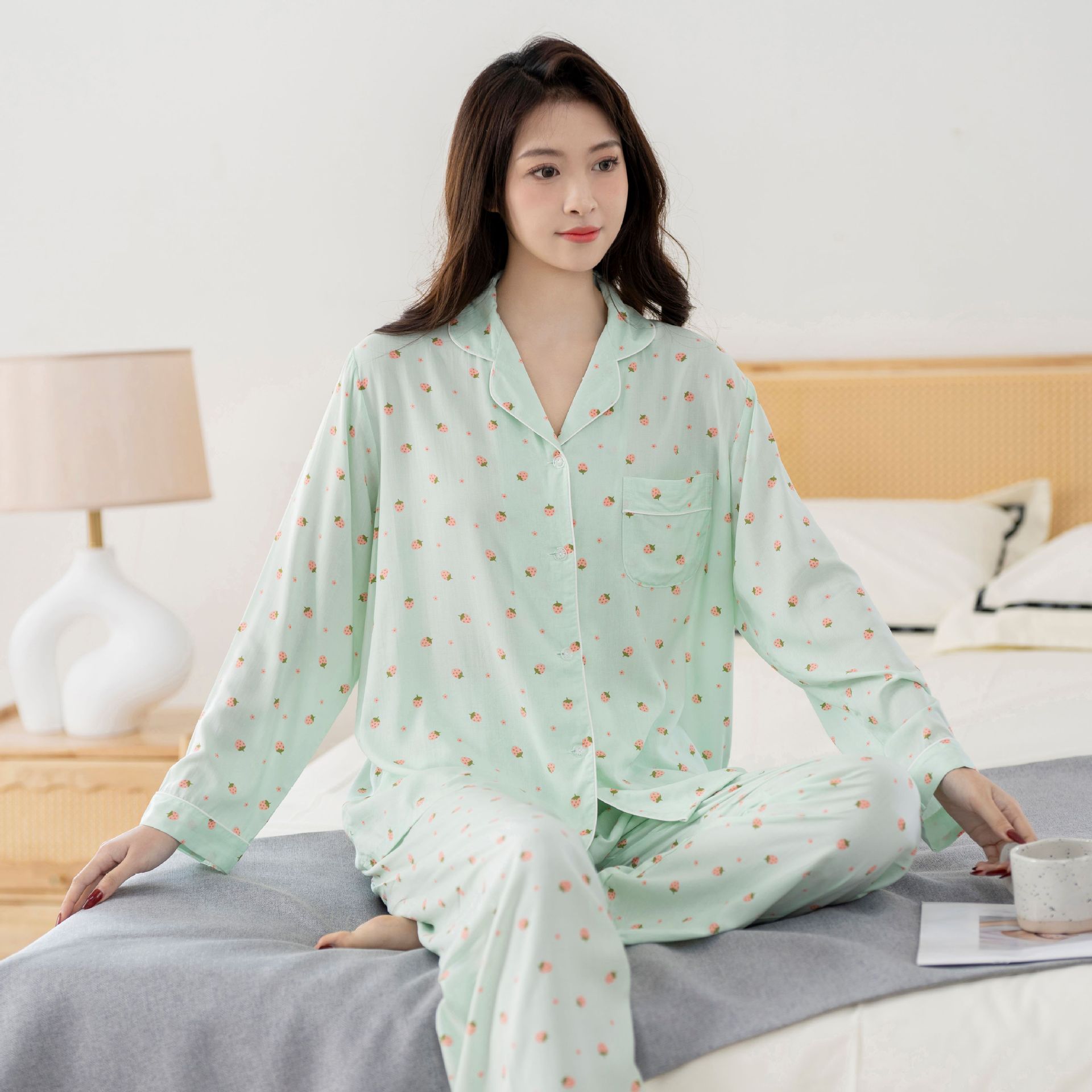 Spring and Autumn New Cotton Silk Pajamas for Women, Cardigan Long-Sleeved Suit, Korean Style Printed Fashionable Artificial Cotton Thin Home Wear