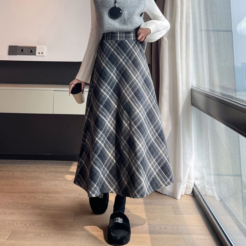 韩版毛呢格纹半身裙女2025秋冬新款格子高腰宽松显瘦中长款a字裙|undefined