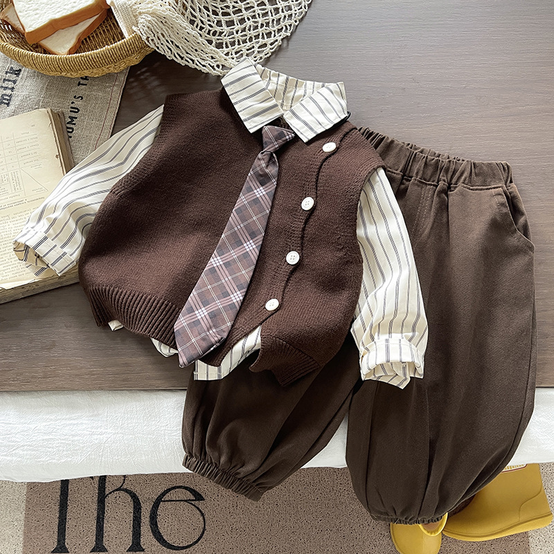 Brown 4-button vest + european and american shirt + coffee pants