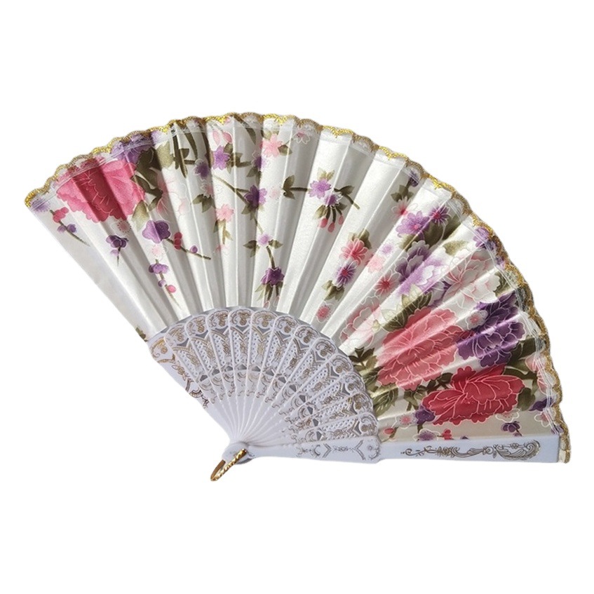 En stock ventilador de fractura de plástico transfronterizo estilo chino ventilador de tela de satén Yongchun danza ventilador plegable ventilador de encaje