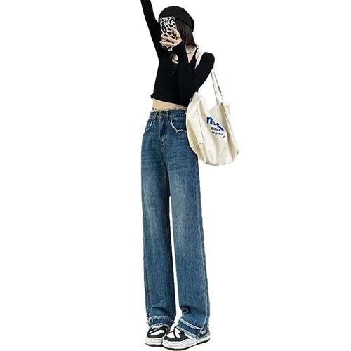 Youth fashion high street high waist narrow wide leg jeans women's new blue loose raw edge straight floor mopping trousers