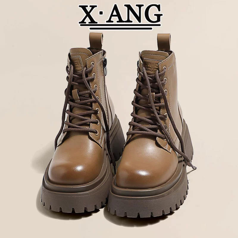 Женские ботинки Мартин из натуральной кожи, на толстой подошве, увеличивающие рост, короткие, новая модель осень-зима 2025, на флисовой подкладке, утепленные, теплые, большие хлопковые зимние сапоги.