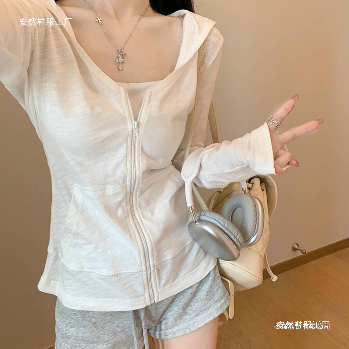 韩系学院风2026夏季连帽拉链长袖防晒服女百搭开衫外套夏季修身款