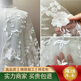 网纱小清新绣花布料白色蕾丝刺绣伴娘裙裙装手工diy婚纱礼服面料