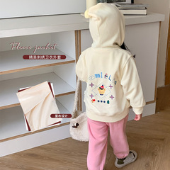 春秋新款韓國女童洋氣連帽兒童開衫衛衣刺繡加厚外套條紋衛褲套裝
