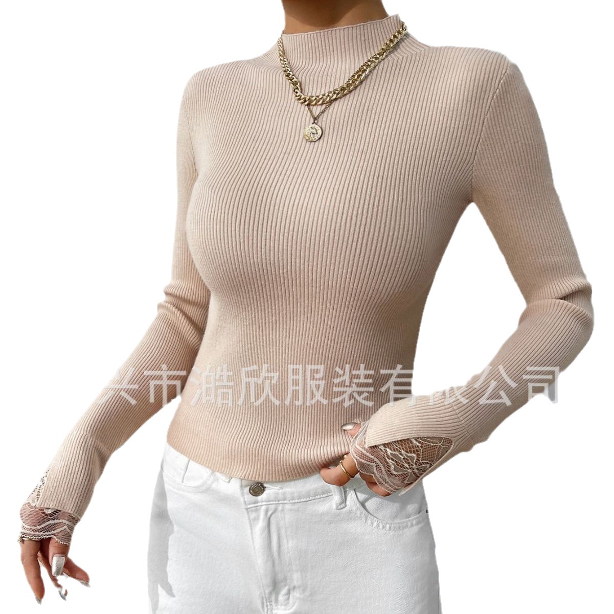 Autumn and winter women's half turtleneck lace slim fit inner sweater new European and American versatile bottoming knitted top
