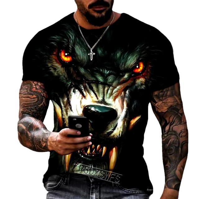 2024 moda casual suelto cuello redondo manga corta transpirable camiseta de hombre personalidad lobo malvado spot de impresión digital 3D