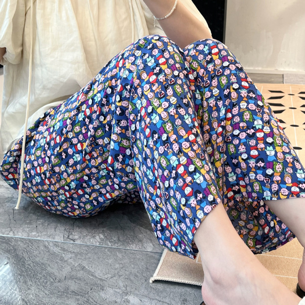 [Spot Clear] Nuevos pantalones anchos chinos de seda de algodón, pantalones de pijama perezosos de cintura alta rectos sueltos de primavera y verano para mujer
