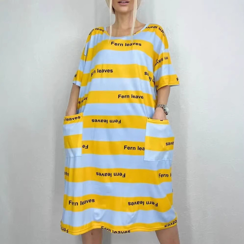 European and American Style Plus-Size Loose Casual Home Dress, Cross-Border Full-Body Printed Round-Neck Mid-Sleeve Dress with Pockets European and American Style Plus-Size Loose Casual Home Dress, Cross-Border Full-Body Printed Round-Neck Mid-Sleeve Dress with Pockets