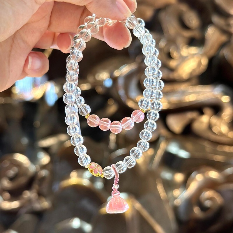 Good Luck and Prosperity~ New Chinese-Style Temple-Inspired Artificial White Crystal Double-Circle Bracelet with Watermelon Crystal Lotus Pod, Perfect for Gifting to a Best Friend