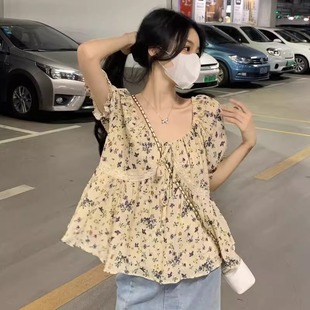 Original workmanship] plus size chubby girl summer shirt French temperament gentle style floral short sleeve fleshy thin top
