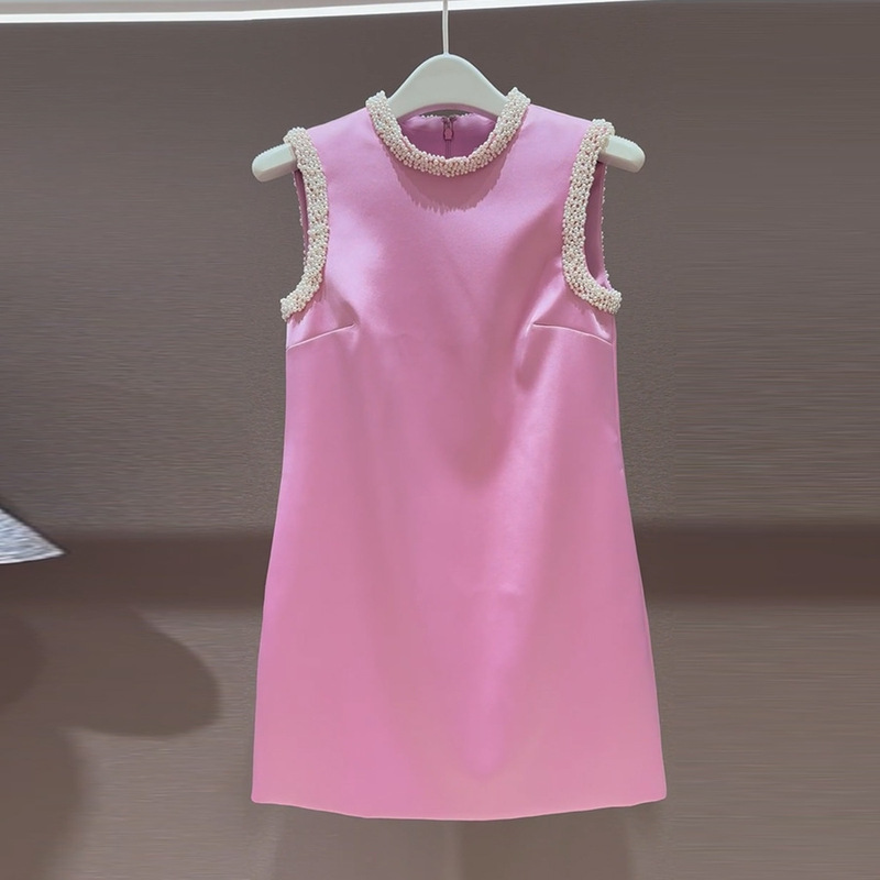 Crystal Rose Pink Celebrity Dinner Sleeveless Viscose Dress Handmade Beaded Birthday Party Dress Spring and Summer New Arrival Dress