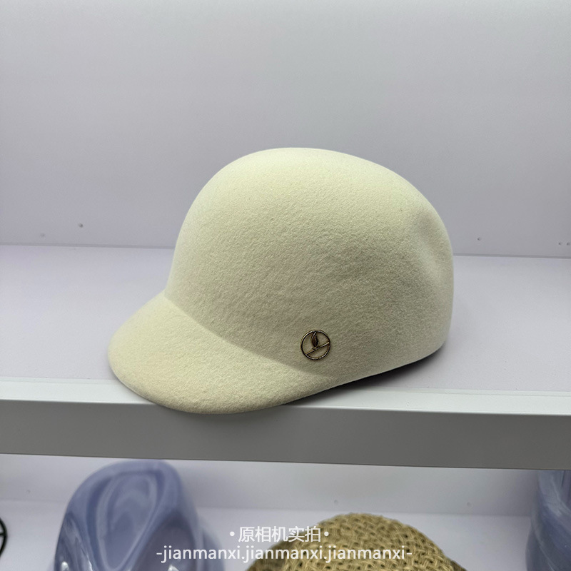 秋冬日系名媛澳洲羊毛呢复古白色鸭舌帽子女时尚定型小檐马术帽|undefined
