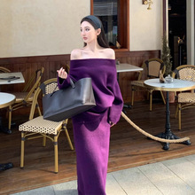 RHGD实拍2025  时尚复古气质一字肩针织毛衣半身裙套装