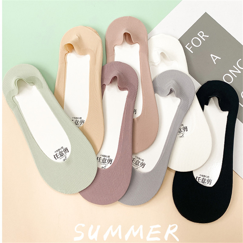 Socks Women's Boat Socks Summer Thin Solid Color Cotton Bottom Arbitrary Cut Ice Silk Invisible Socks Silicone Non-slip Heel-free Socks