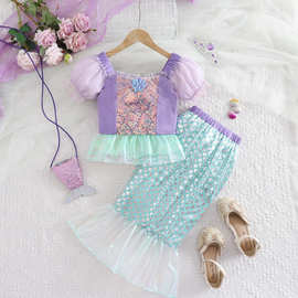 女童美人鱼套装短袖亮片鱼尾两件套公主裙儿童生日礼服六一演出服