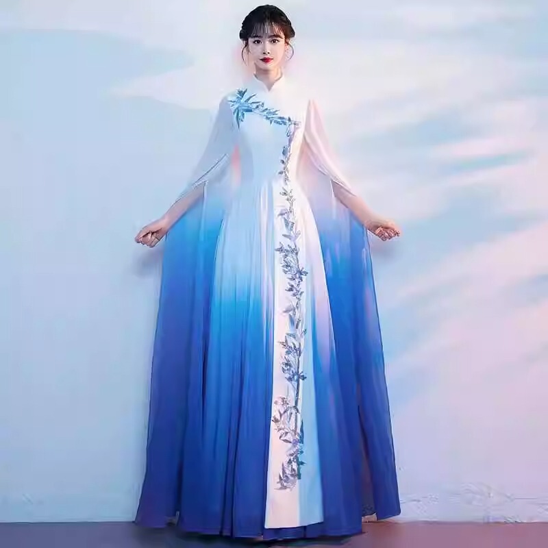 Big Choir Dress Women's Long Dress New Host Guzheng Poetry Recitation Competition Conductor Solo Gradual Change Collar Big Choir Dress Women's Long Dress New Host Guzheng Poetry Recitation Competition Conductor Solo Gradual Change Collar