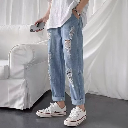 Summer and Autumn Men's Fashion Brand Jeans, Men's Korean Style Casual Personalized Frayed Trend 9/10 Jeans