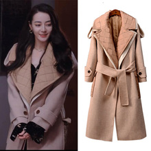 [清仓]你是我的荣耀迪丽热巴乔晶晶同款卡其色拼接毛呢大衣外套女