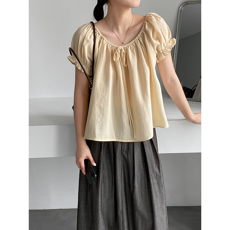 Ginger Peach Jasmine~Tencel Ramie Gentle Age-Reducing Blouse for Women, Round Neck Petite Shirt 631
