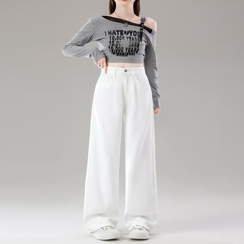 Petite White Denim Pants for Women, Plus Size High-Waisted Straight-Leg Pants, Wide-Leg Pleated Loose Fit for Spring and Autumn