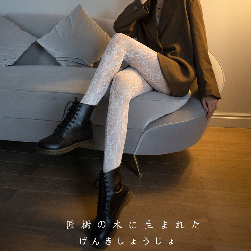 White Flower Vine Lolita Stockings for Women Spring & Fall Thin Sexy Forest Beautiful Legs Bottoming Fishnet Stockings Letters