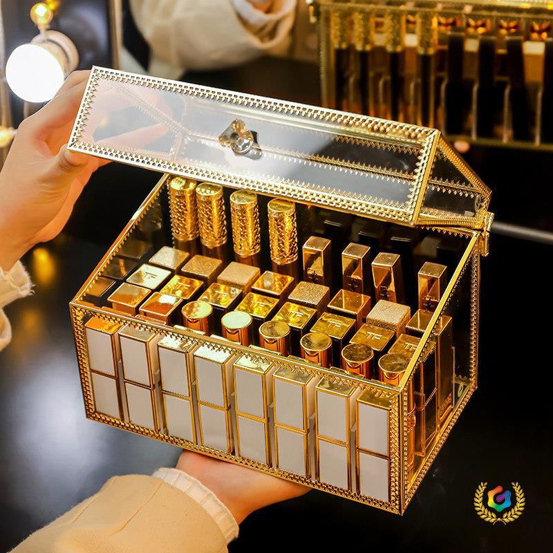 ✅ Lipstick organizer, multi-compartment desktop storage box for cosmetics, with a lid, trendy European-style, small and luxurious lip gloss holder