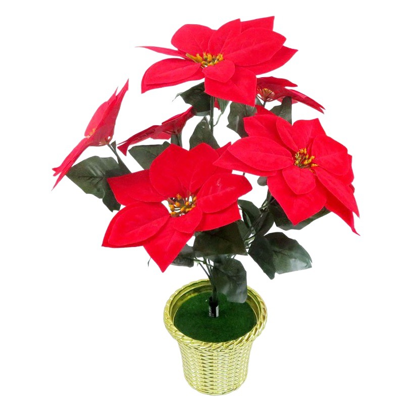 Flores artificiales de Navidad al por mayor del fabricante, flores de pascua, flores navideñas, flores de pascua de cinco y siete cabezas, flores de seda simuladas, flores artificiales