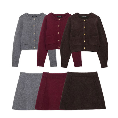 2025 Spring European and American Style New Women's Clothing: Gold Button-Decorated Crewneck Knitted Jacket + High-Waisted Skirt with Side Seam Details