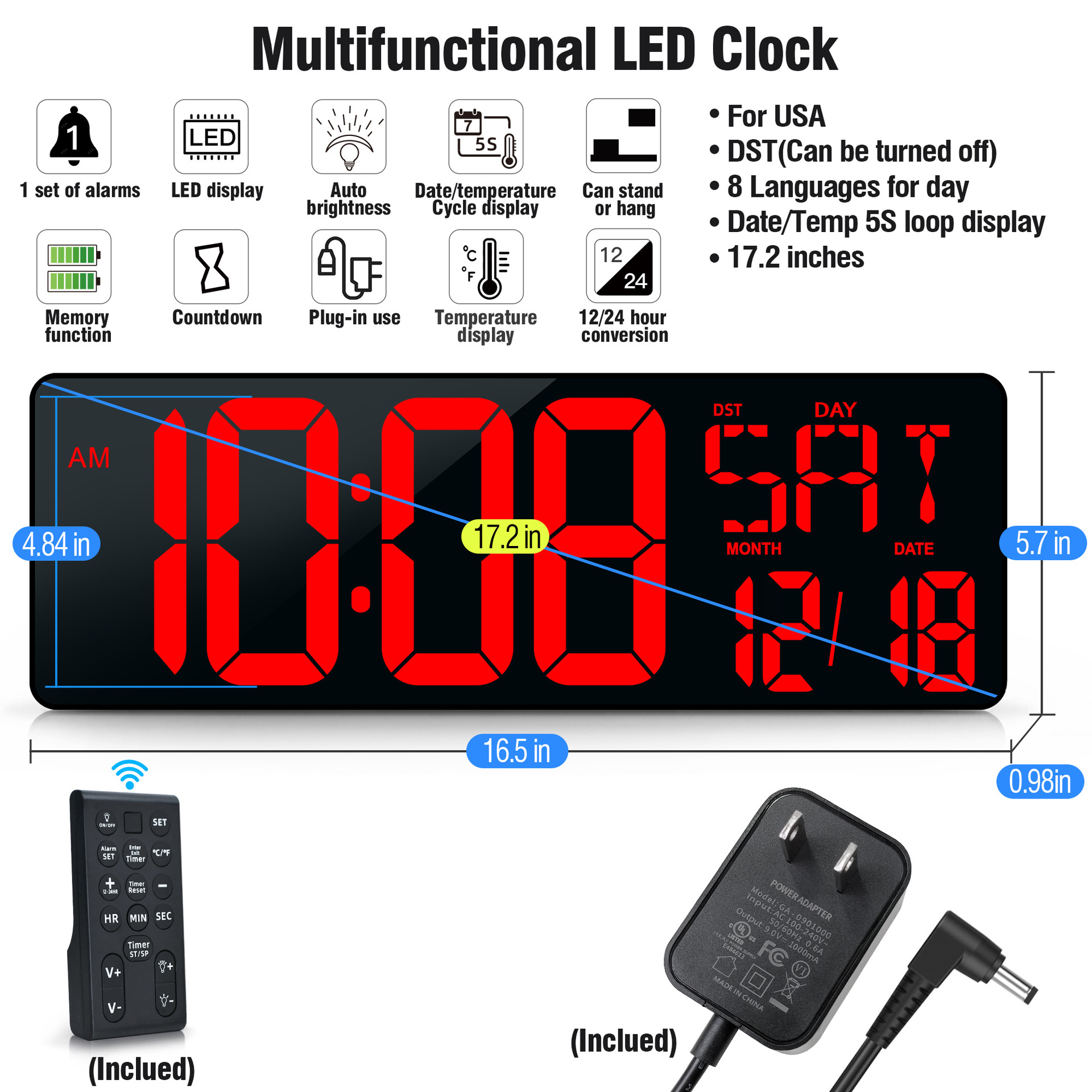 Amazon Hot 17.2 インチ LED 大画面デジタル壁時計、ポジティブカウントダウン電子目覚まし時計付き