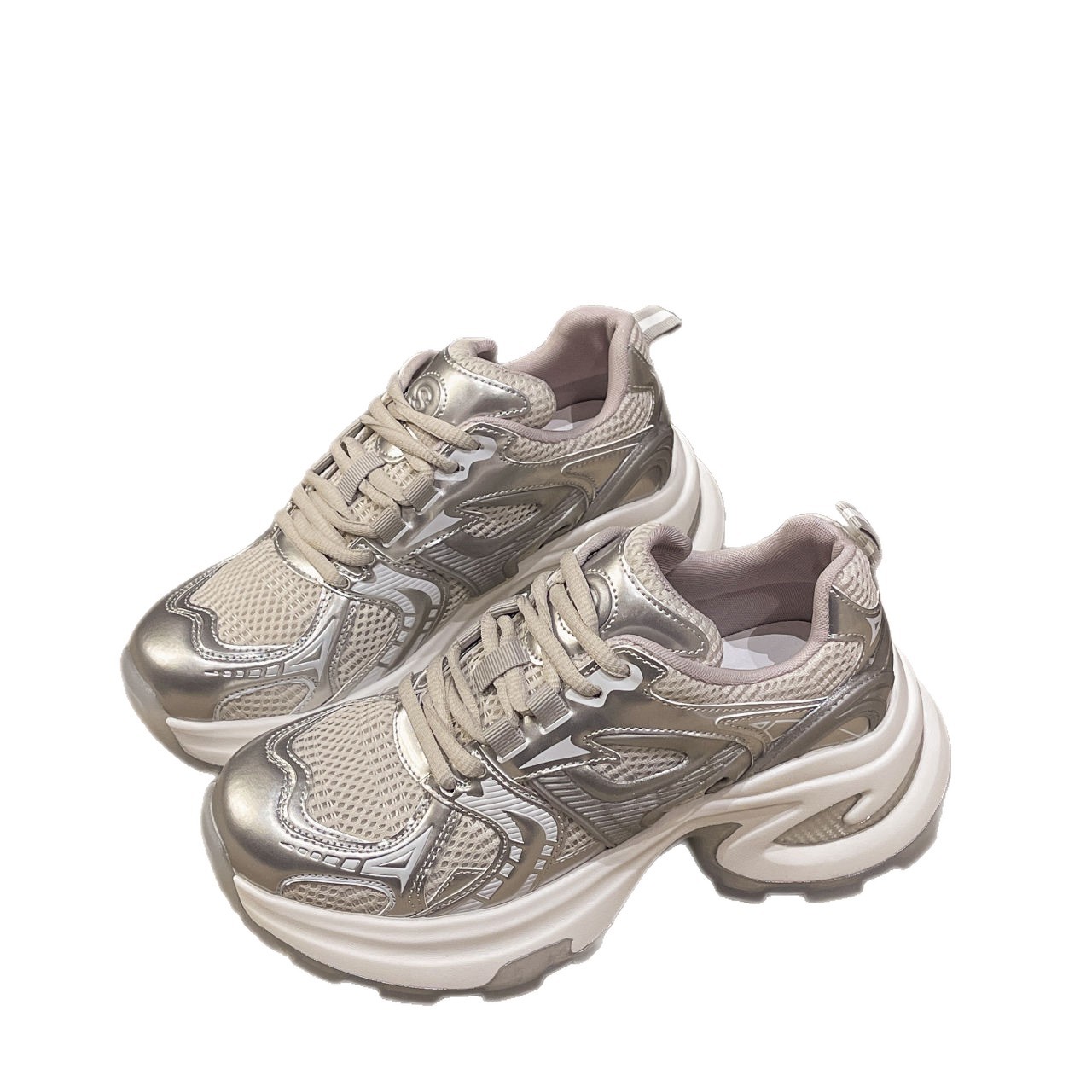 Blanco plateado, zapatos de suela gruesa para mujeres, primavera y verano de 2026, nuevos zapatos de nicho de malla transpirables para mujeres