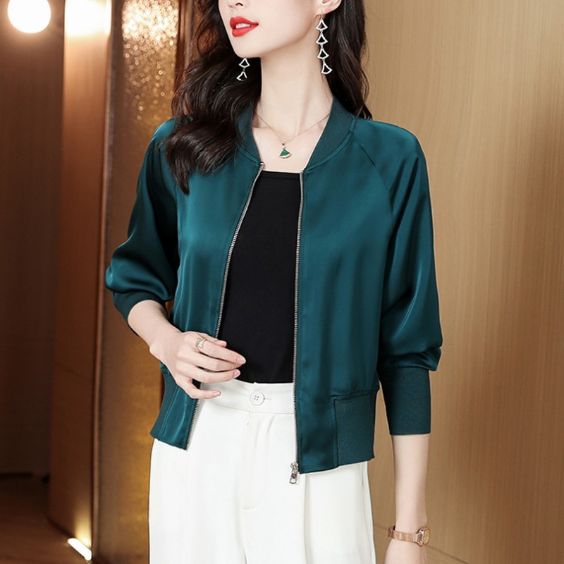 Satin Loose Short Jacket for Women 2022 Spring and Summer Sun Protection Baseball Jacket Cardigan Versatile Outerwear Long Sleeve Satin Loose Short Jacket for Women 2022 Spring and Summer Sun Protection Baseball Jacket Cardigan Versatile Outerwear Long Sleeve