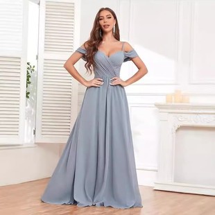 2025 New Evening Dress Amazon European and American Cross-border Bridesmaid Dress Long Long Dress Solid Color Banquet Evening Dress
