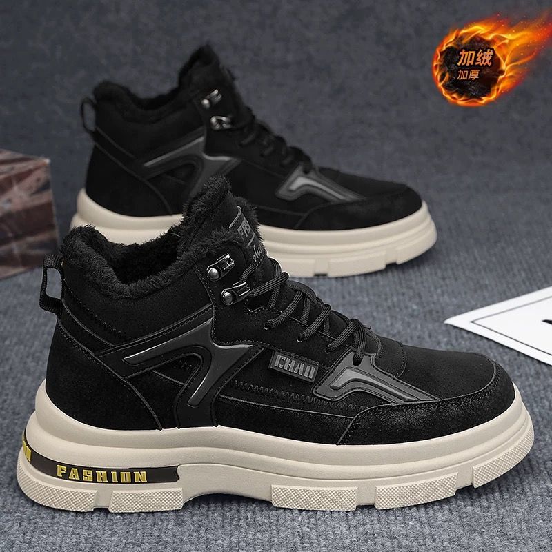 Botas de nieve para hombres 2025, nuevos zapatos de invierno de terciopelo, herramientas calientes de algodón, piel en una sola gruesa botas Martin