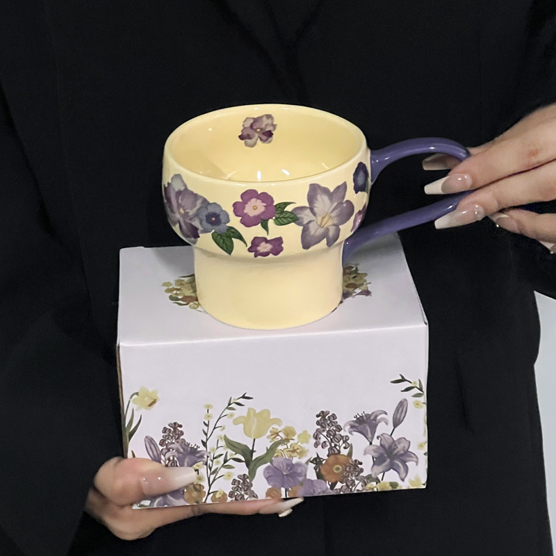 Taza de cerámica de flores taza de desayuno de avena tazón de calentamiento de leche flor brocade taza de café plato tazón