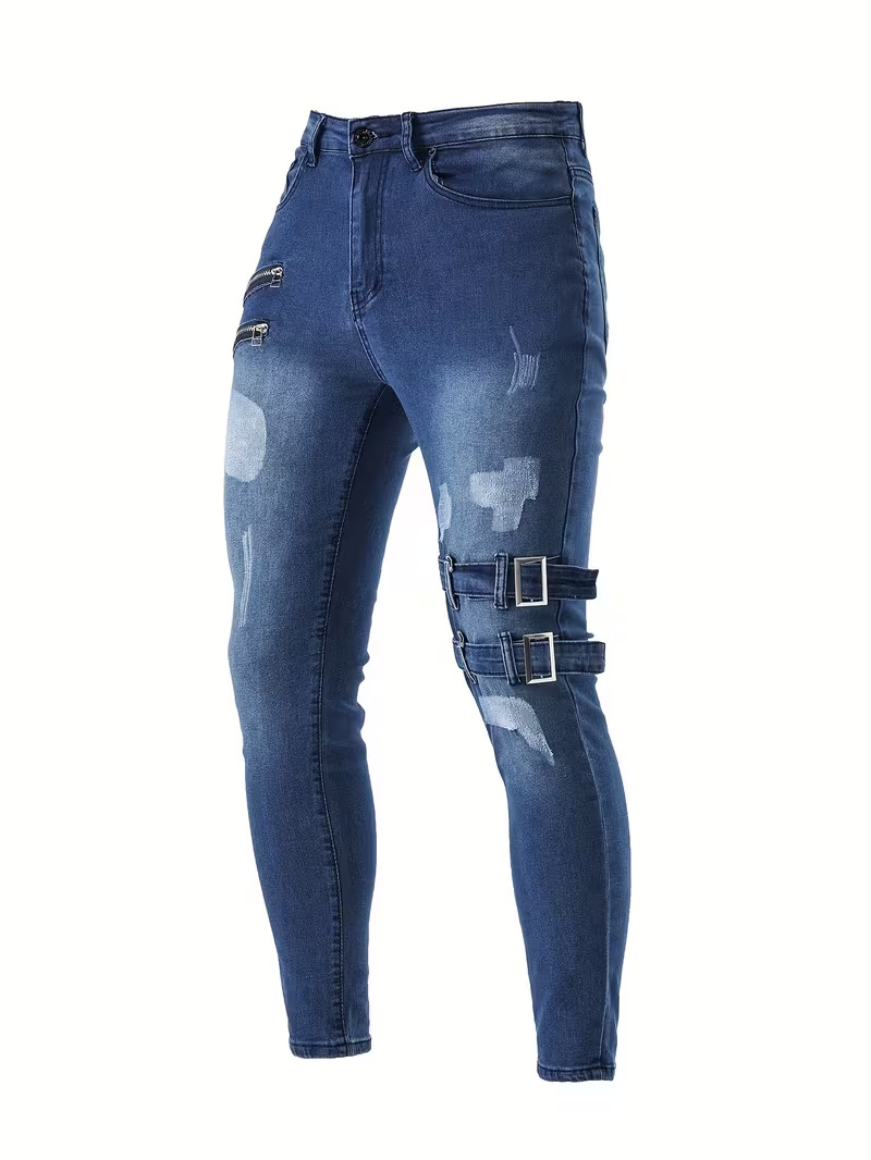 Jeans uomo slim fit neri strappati in denim elasticizzato_voghion.com