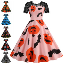 C万圣节装扮女装工厂货源赫本风复古蕾丝圆领短袖印花大摆连衣裙