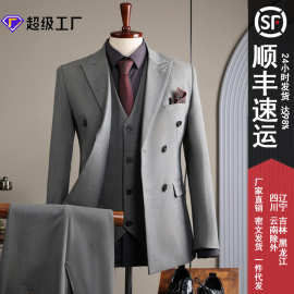 蓝色双排扣西服套装男式正装英伦时尚婚礼伴郎服商务休闲西装男装