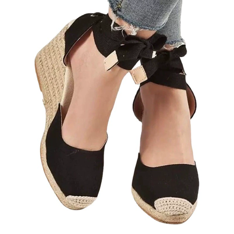 Лето 2022, новые женские босоножки большого размера на танкетке, сумка на толстой подошве, ремешок на щиколотке, тканевые сандалии из пеньковой веревки для женщин